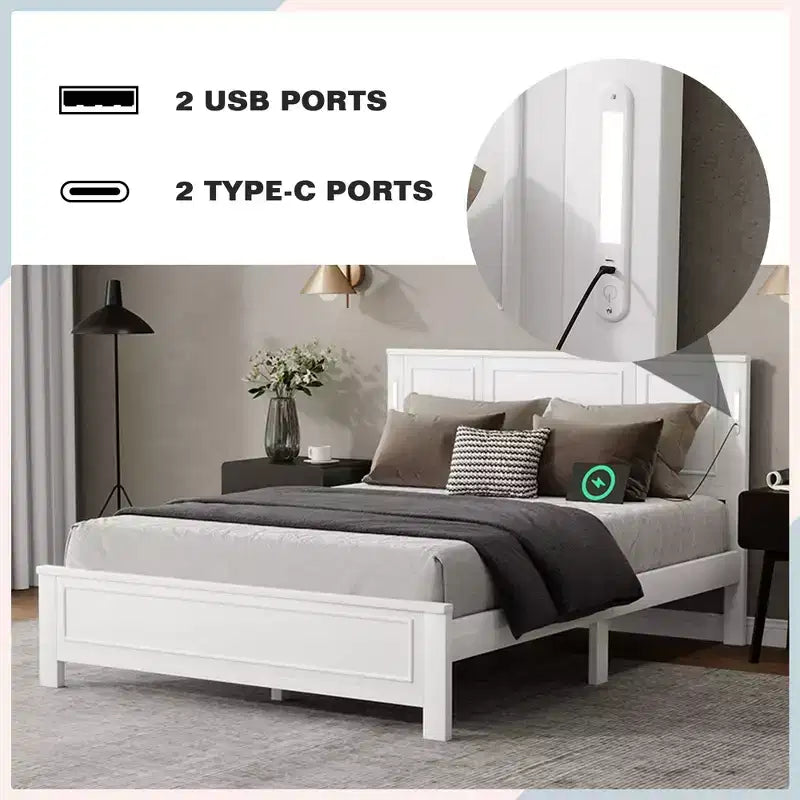 Cadre de lit de style maison de campagne avec tête de lit haute, éclairage LED et station de recharge USB