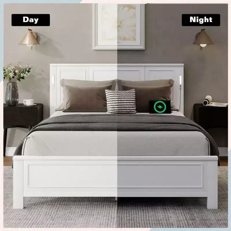 Cadre de lit de style maison de campagne avec tête de lit haute, éclairage LED et station de recharge USB