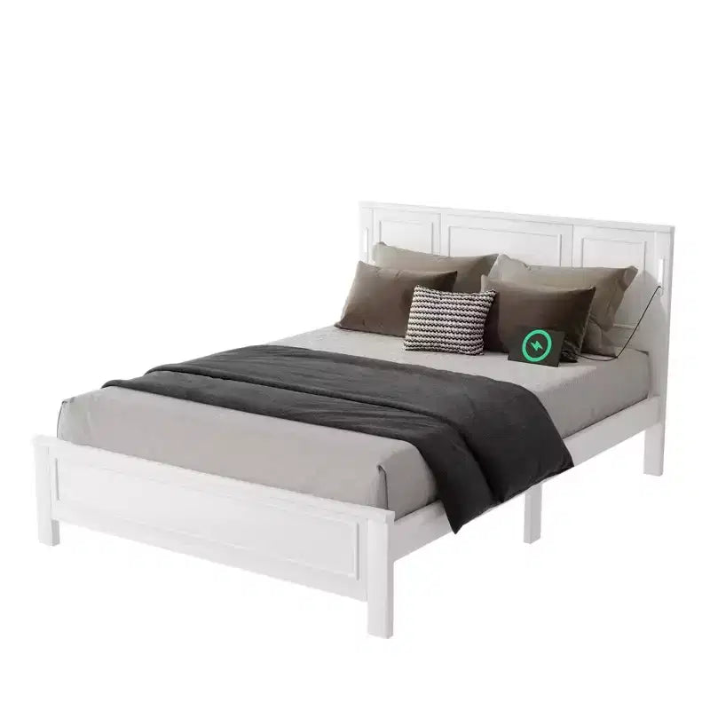 Cadre de lit de style maison de campagne avec tête de lit haute, éclairage LED et station de recharge USB