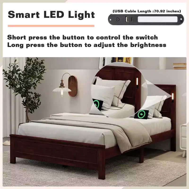 Cadre de lit de style maison de campagne avec tête de lit haute, éclairage LED et station de recharge USB