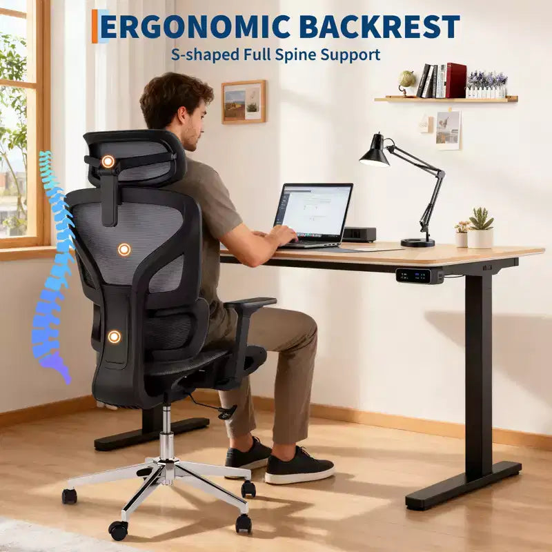 Chaise de bureau ergonomique à dossier haut en maille - accoudoirs réglables 4D, soutien lombaire dynamique, assise coulissante, appuie-tête et roulettes silencieuses