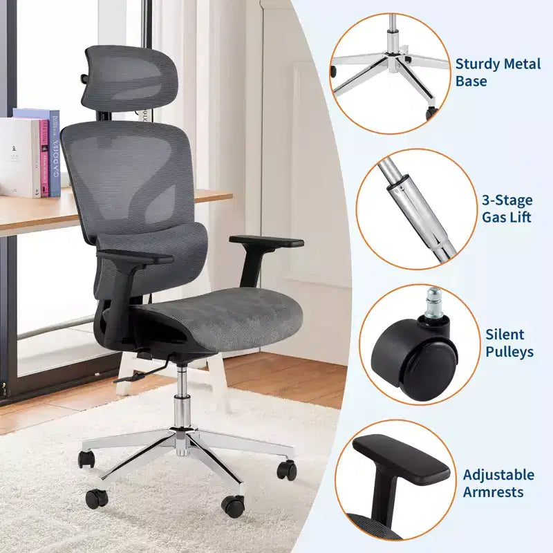 Chaise de bureau ergonomique à dossier haut en maille - accoudoirs réglables 4D, soutien lombaire dynamique, assise coulissante, appuie-tête et roulettes silencieuses