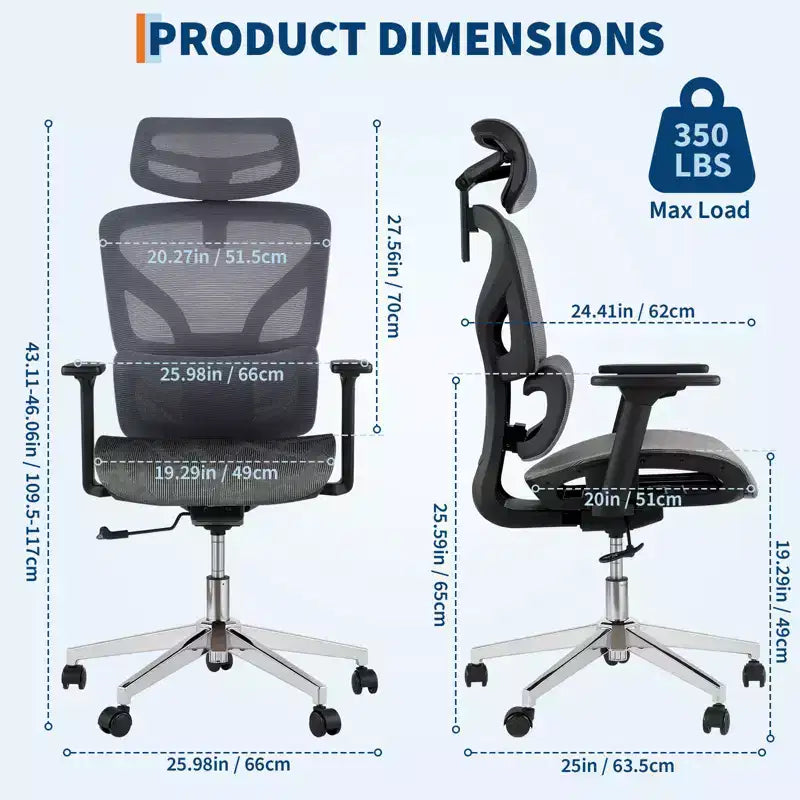 Chaise de bureau ergonomique à dossier haut en maille - accoudoirs réglables 4D, soutien lombaire dynamique, assise coulissante, appuie-tête et roulettes silencieuses