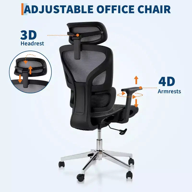 Chaise de bureau ergonomique à dossier haut en maille - accoudoirs réglables 4D, soutien lombaire dynamique, assise coulissante, appuie-tête et roulettes silencieuses