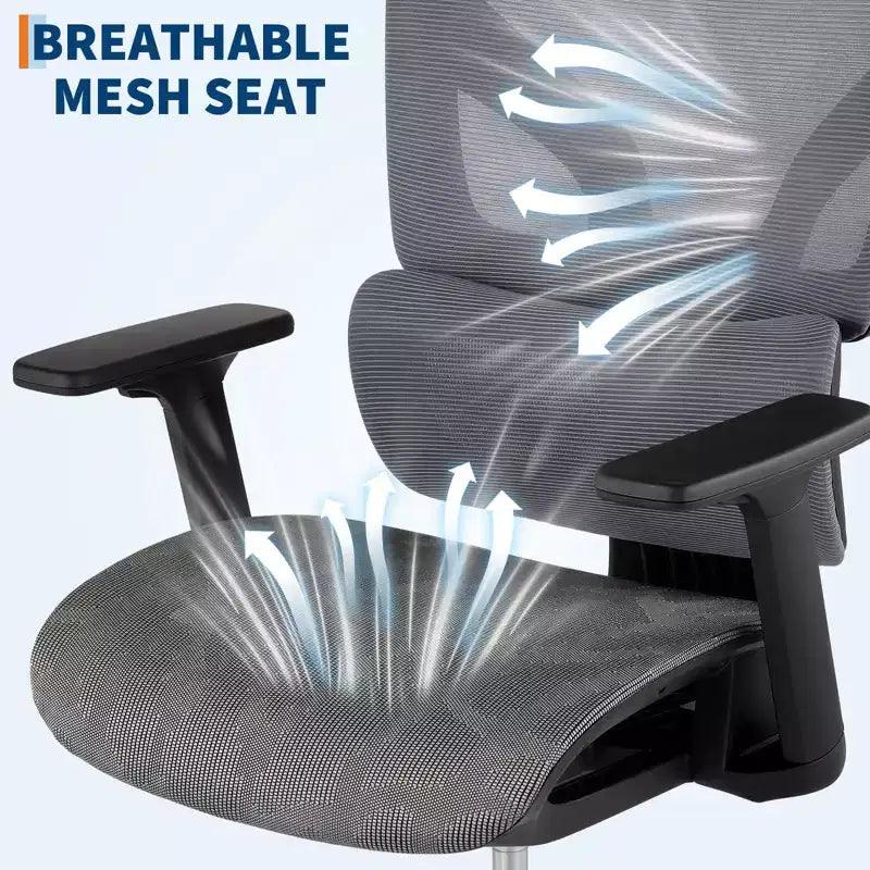 Chaise de bureau ergonomique à dossier haut en maille - accoudoirs réglables 4D, soutien lombaire dynamique, assise coulissante, appuie-tête et roulettes silencieuses