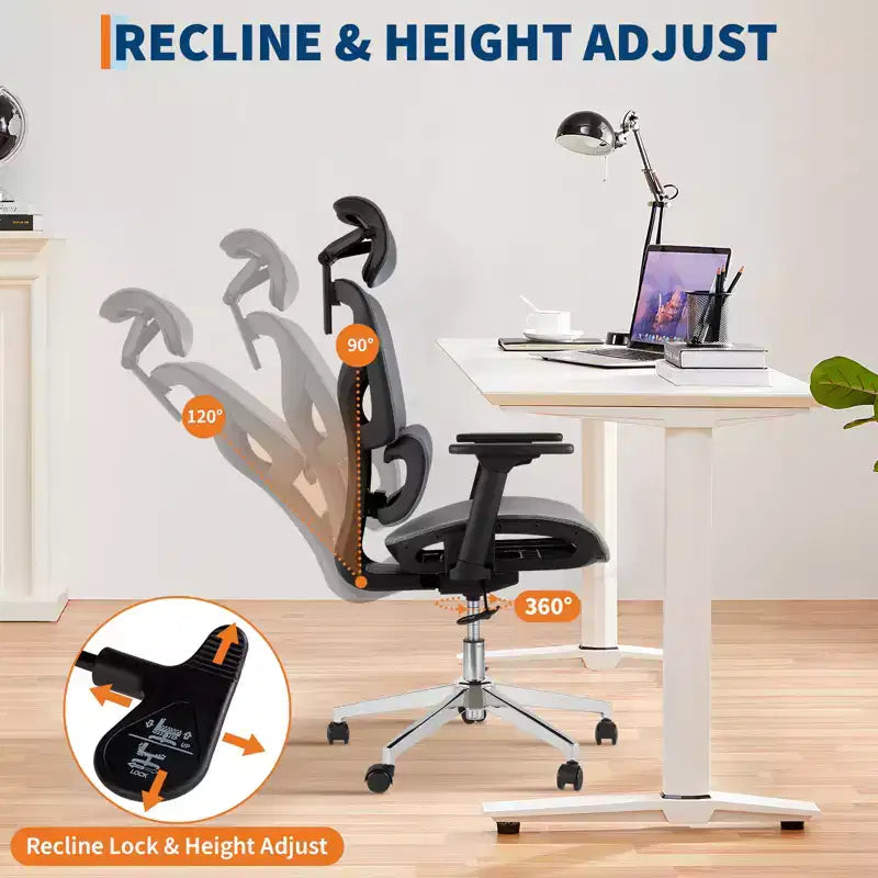 Chaise de bureau ergonomique à dossier haut en maille - accoudoirs réglables 4D, soutien lombaire dynamique, assise coulissante, appuie-tête et roulettes silencieuses