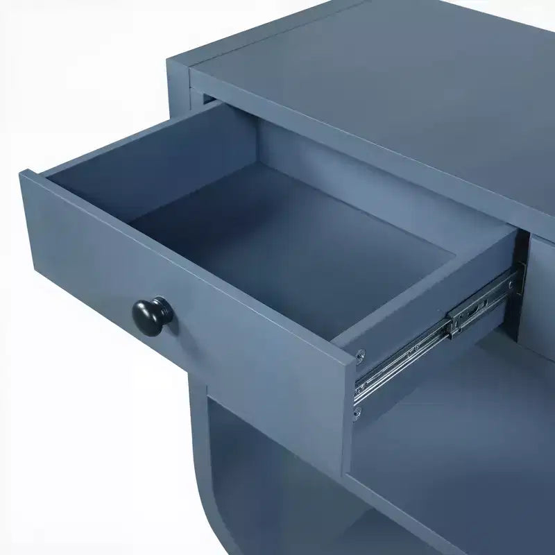 Table console incurvée pour entrée, table d’appoint pour canapé, présentoir, table d’accent avec 3 tiroirs à fermeture douce et 2 étagères ouvertes