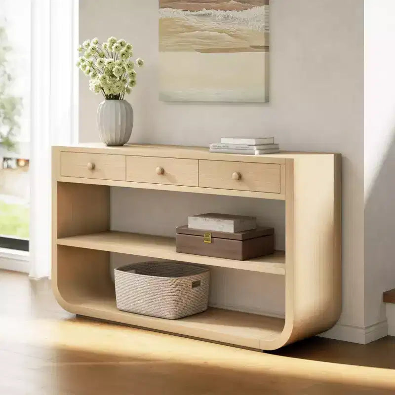 Table console incurvée pour entrée, table d’appoint pour canapé, présentoir, table d’accent avec 3 tiroirs à fermeture douce et 2 étagères ouvertes