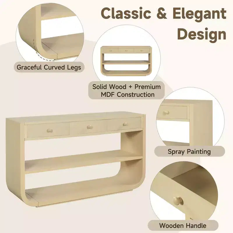 Table console incurvée pour entrée, table d’appoint pour canapé, présentoir, table d’accent avec 3 tiroirs à fermeture douce et 2 étagères ouvertes
