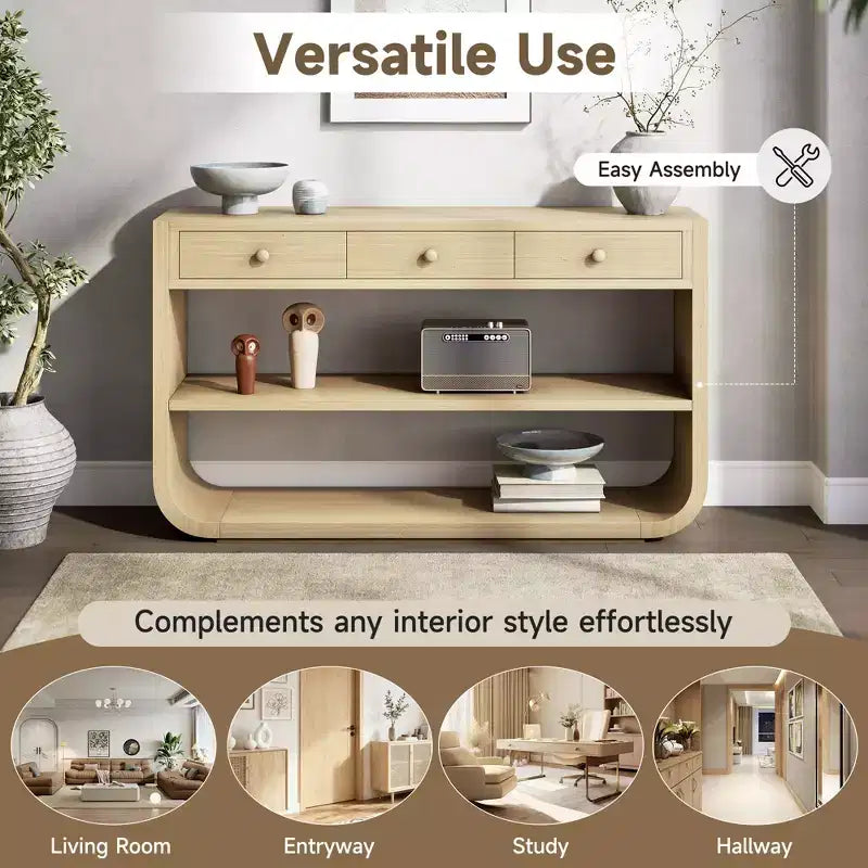 Table console incurvée pour entrée, table d’appoint pour canapé, présentoir, table d’accent avec 3 tiroirs à fermeture douce et 2 étagères ouvertes