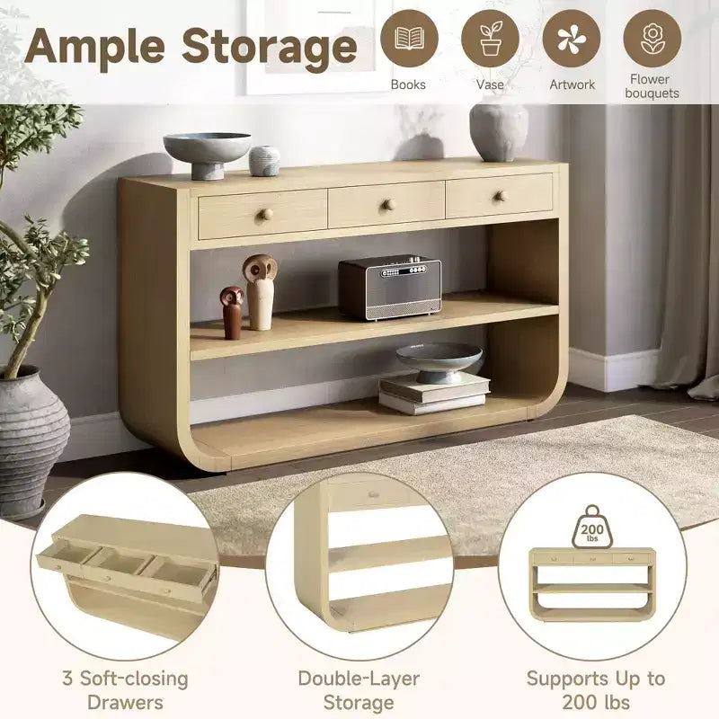 Table console incurvée pour entrée, table d’appoint pour canapé, présentoir, table d’accent avec 3 tiroirs à fermeture douce et 2 étagères ouvertes