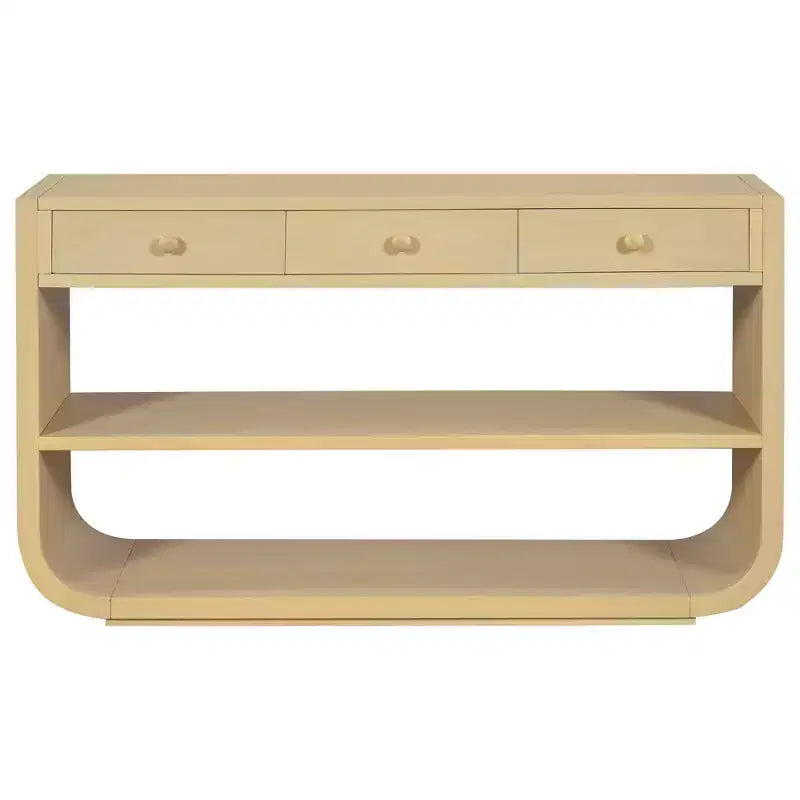 Table console incurvée pour entrée, table d’appoint pour canapé, présentoir, table d’accent avec 3 tiroirs à fermeture douce et 2 étagères ouvertes
