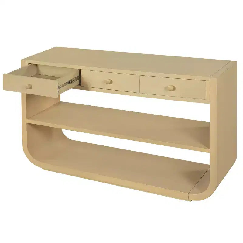 Table console incurvée pour entrée, table d’appoint pour canapé, présentoir, table d’accent avec 3 tiroirs à fermeture douce et 2 étagères ouvertes