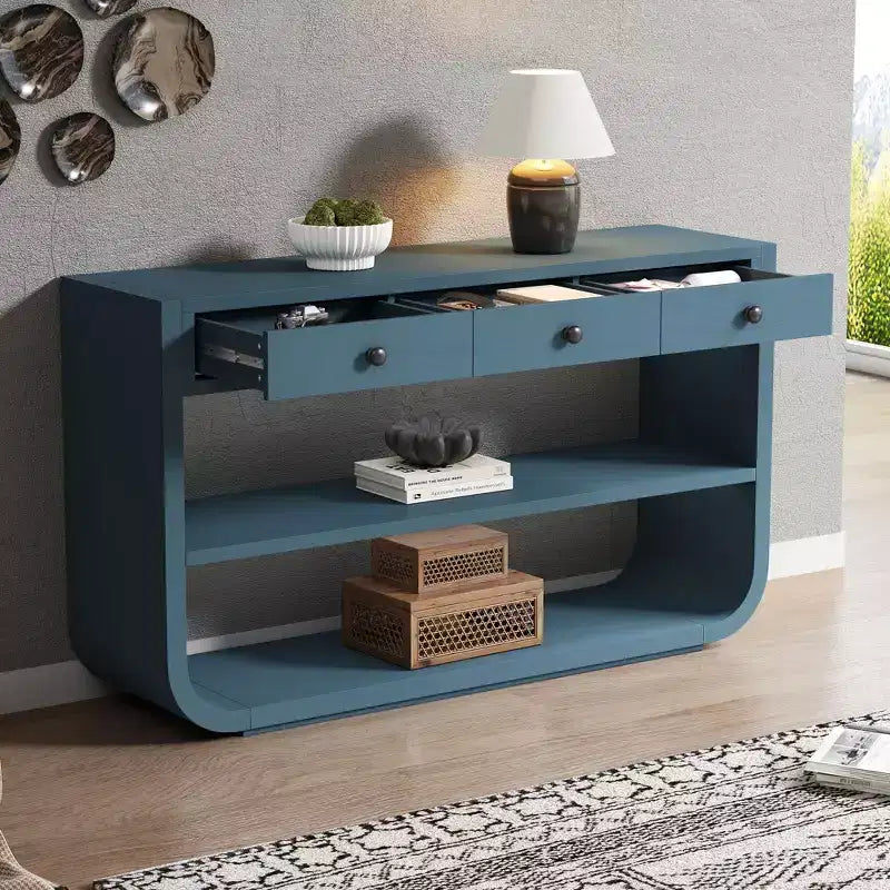 Table console incurvée pour entrée, table d’appoint pour canapé, présentoir, table d’accent avec 3 tiroirs à fermeture douce et 2 étagères ouvertes