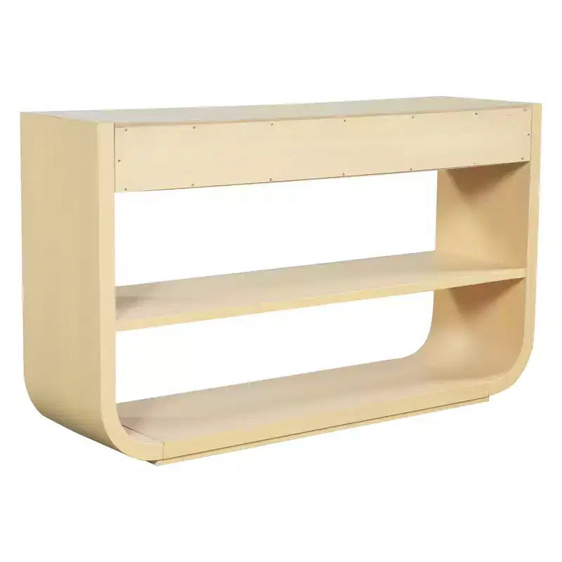 Table console incurvée pour entrée, table d’appoint pour canapé, présentoir, table d’accent avec 3 tiroirs à fermeture douce et 2 étagères ouvertes