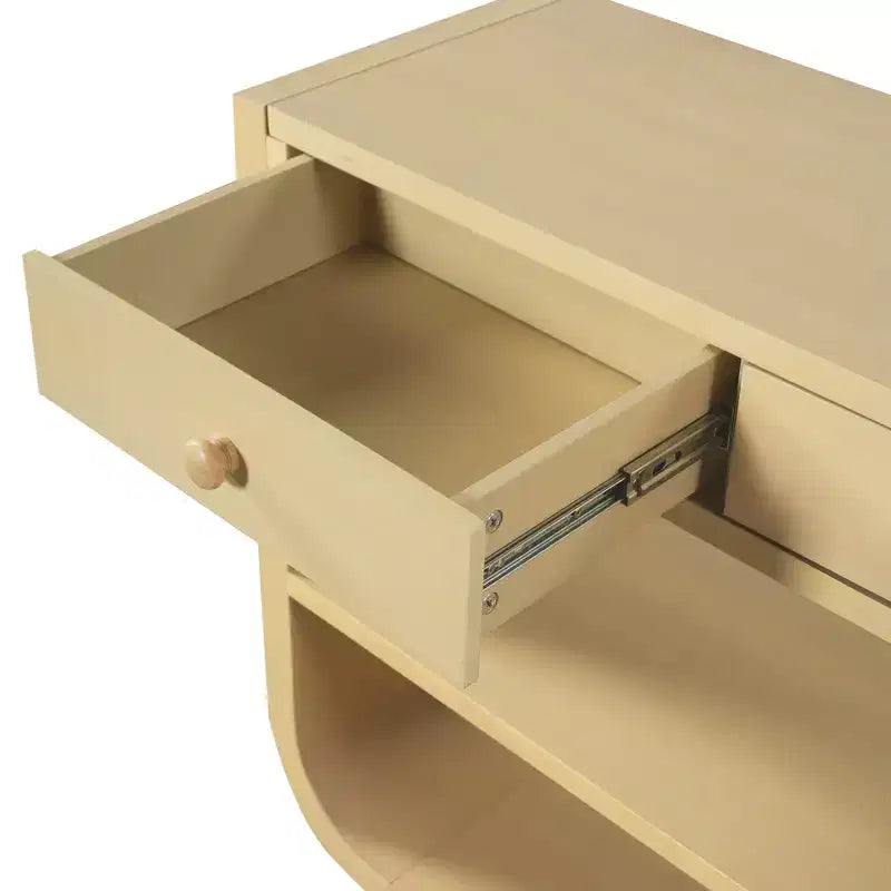 Table console incurvée pour entrée, table d’appoint pour canapé, présentoir, table d’accent avec 3 tiroirs à fermeture douce et 2 étagères ouvertes