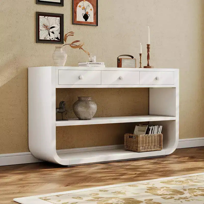 Table console incurvée pour entrée, table d’appoint pour canapé, présentoir, table d’accent avec 3 tiroirs à fermeture douce et 2 étagères ouvertes