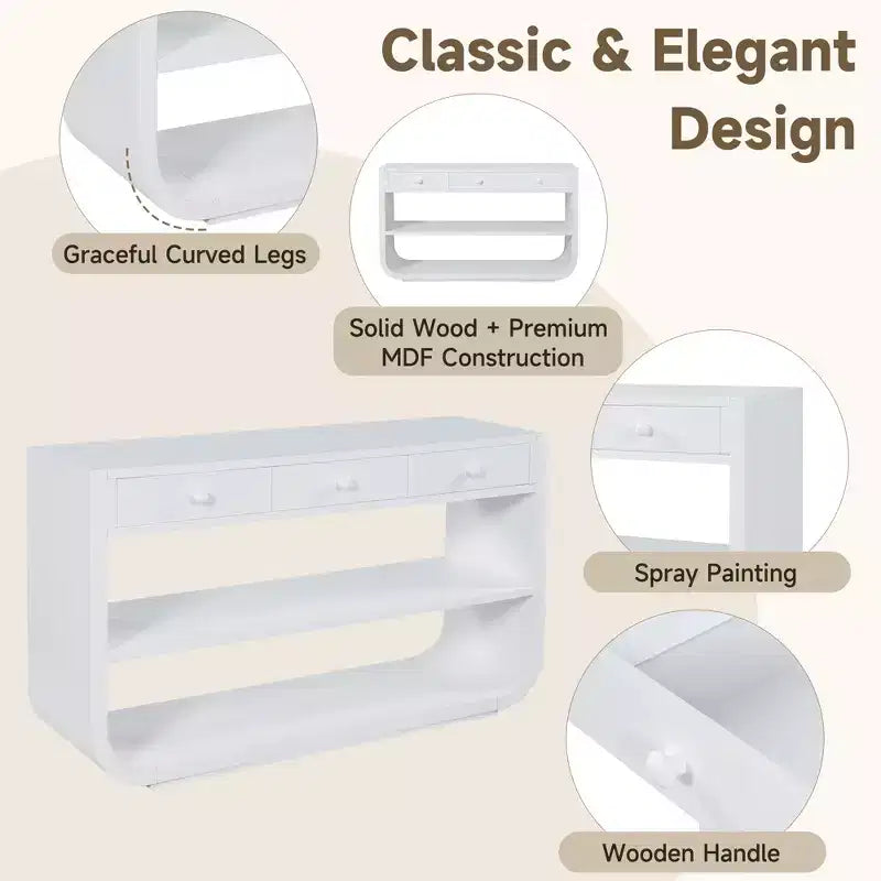 Table console incurvée pour entrée, table d’appoint pour canapé, présentoir, table d’accent avec 3 tiroirs à fermeture douce et 2 étagères ouvertes