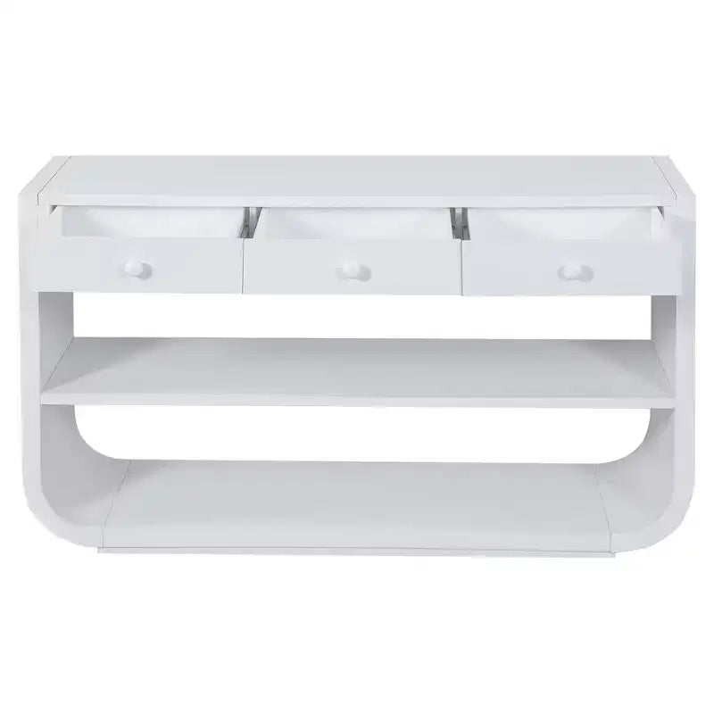 Table console incurvée pour entrée, table d’appoint pour canapé, présentoir, table d’accent avec 3 tiroirs à fermeture douce et 2 étagères ouvertes