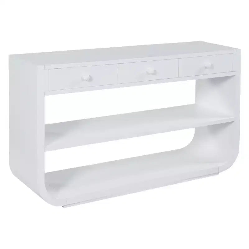 Table console incurvée pour entrée, table d’appoint pour canapé, présentoir, table d’accent avec 3 tiroirs à fermeture douce et 2 étagères ouvertes