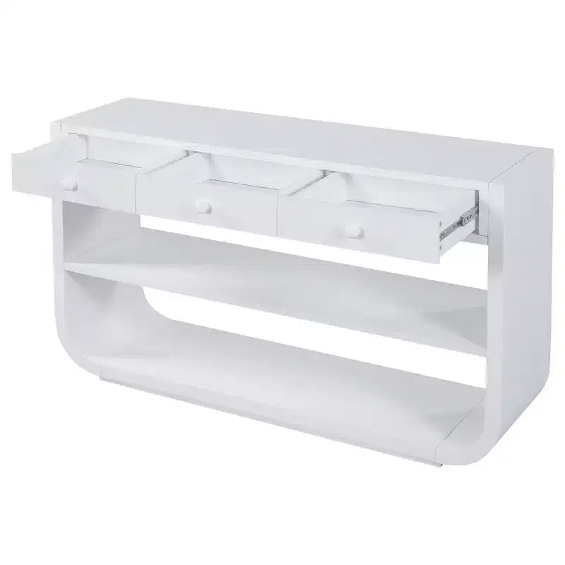 Table console incurvée pour entrée, table d’appoint pour canapé, présentoir, table d’accent avec 3 tiroirs à fermeture douce et 2 étagères ouvertes
