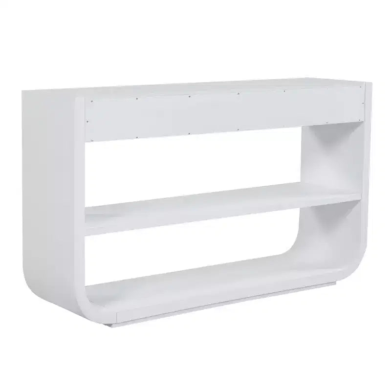 Table console incurvée pour entrée, table d’appoint pour canapé, présentoir, table d’accent avec 3 tiroirs à fermeture douce et 2 étagères ouvertes