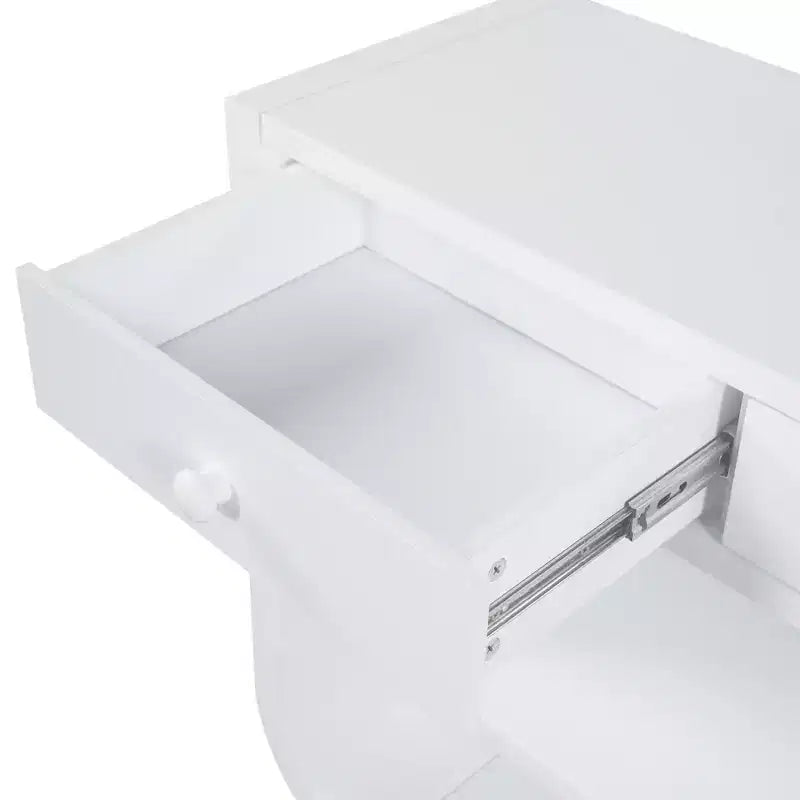 Table console incurvée pour entrée, table d’appoint pour canapé, présentoir, table d’accent avec 3 tiroirs à fermeture douce et 2 étagères ouvertes