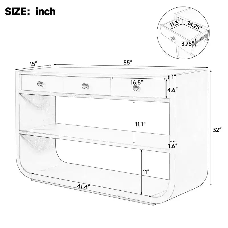 Table console incurvée pour entrée, table d’appoint pour canapé, présentoir, table d’accent avec 3 tiroirs à fermeture douce et 2 étagères ouvertes