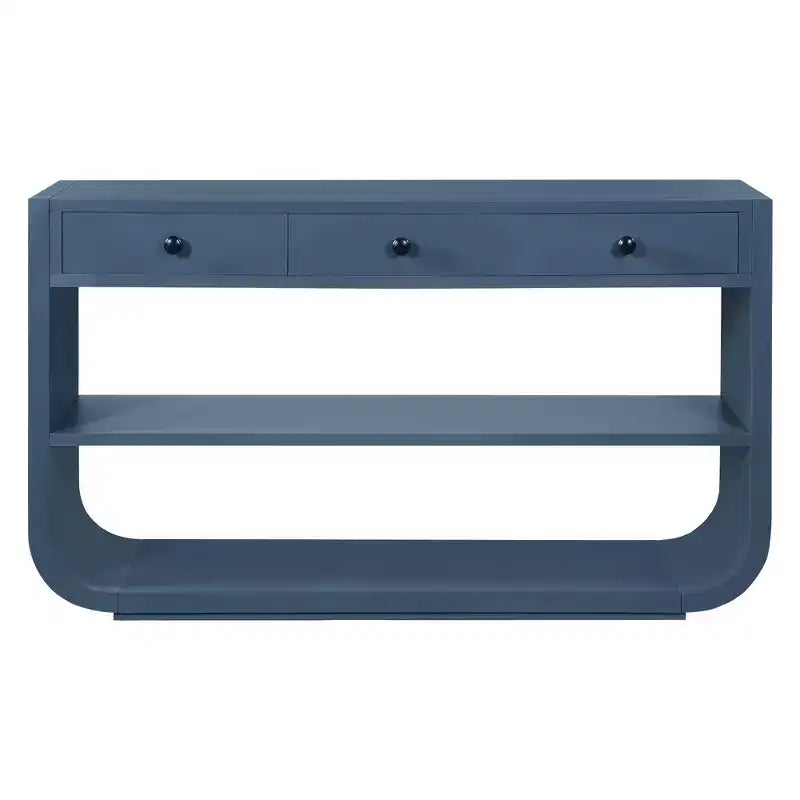 Table console incurvée pour entrée, table d’appoint pour canapé, présentoir, table d’accent avec 3 tiroirs à fermeture douce et 2 étagères ouvertes