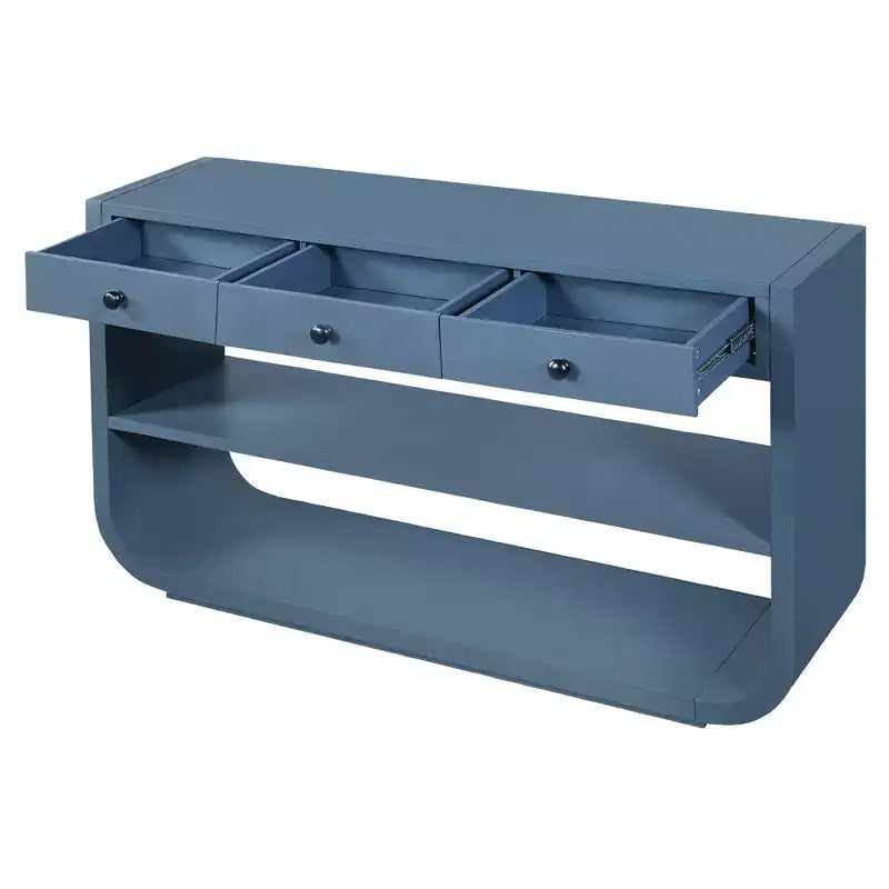 Table console incurvée pour entrée, table d’appoint pour canapé, présentoir, table d’accent avec 3 tiroirs à fermeture douce et 2 étagères ouvertes