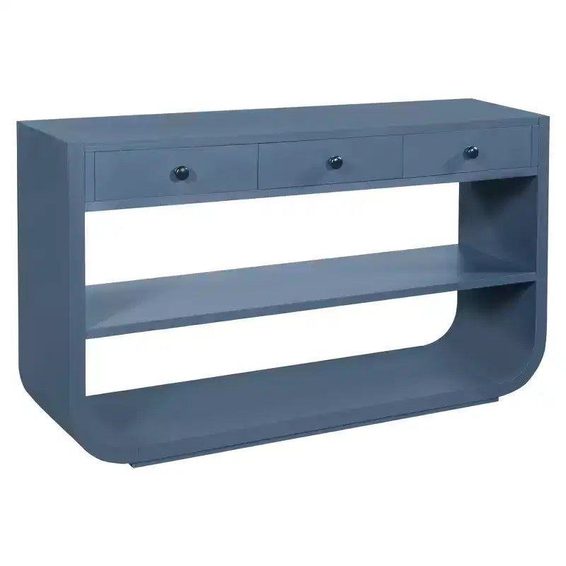 Table console incurvée pour entrée, table d’appoint pour canapé, présentoir, table d’accent avec 3 tiroirs à fermeture douce et 2 étagères ouvertes
