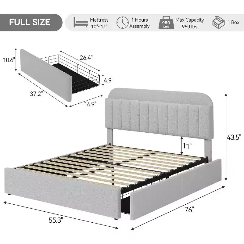 Estructura de cama de plataforma tamaño Full con cabecero con espacio de almacenamiento, estantería y 2 cajones, tapizada en bouclé, no necesita somier, fácil de montar, gris claro