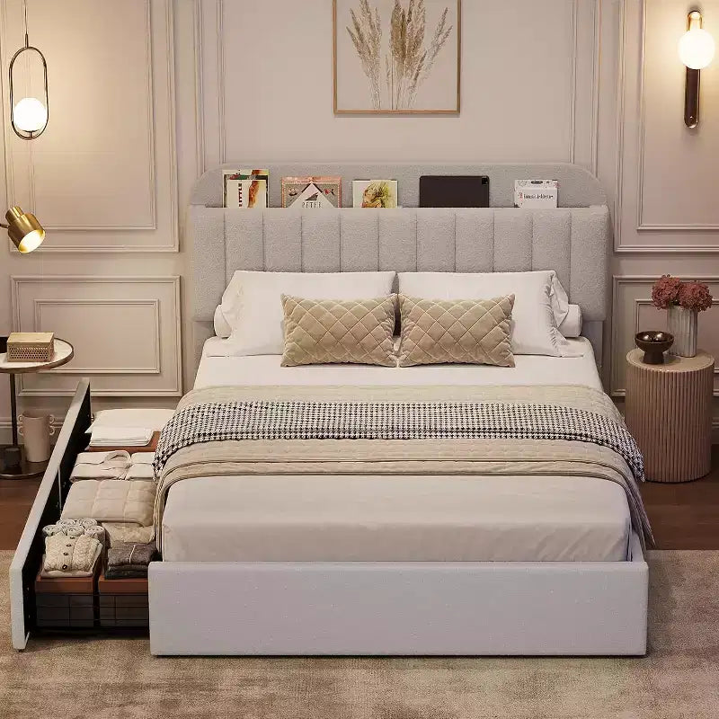 Estructura de cama de plataforma tamaño Full con cabecero con espacio de almacenamiento, estantería y 2 cajones, tapizada en bouclé, no necesita somier, fácil de montar, gris claro