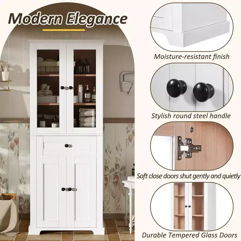 67.57 hoher Badezimmerschrank mit verstellbaren Einlegeböden und Schublade, freistehender moderner Wäscheschrank, Soft-Close-Design