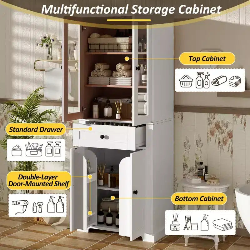 67.57 hoher Badezimmerschrank mit verstellbaren Einlegeböden und Schublade, freistehender moderner Wäscheschrank, Soft-Close-Design