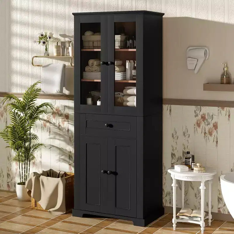 67.57 hoher Badezimmerschrank mit verstellbaren Einlegeböden und Schublade, freistehender moderner Wäscheschrank, Soft-Close-Design