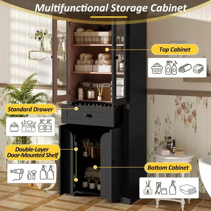67.57 hoher Badezimmerschrank mit verstellbaren Einlegeböden und Schublade, freistehender moderner Wäscheschrank, Soft-Close-Design