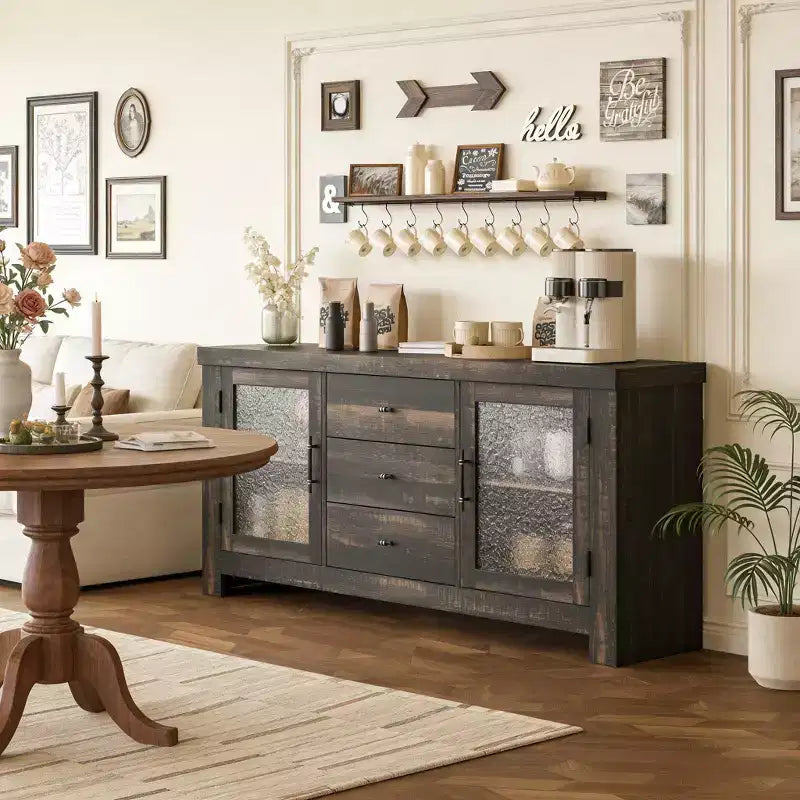 Buffet de 54,4 avec 2 portes vitrées et 3 tiroirs pour le salon, la cuisine ou la salle à manger